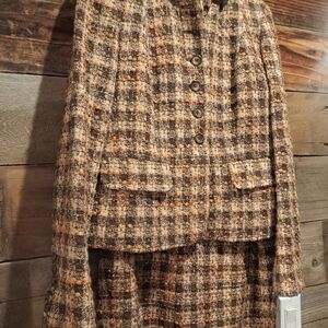 Like New ~ LOFT Ann Taylor Tweed Brown/Orange Plaid Blazer, Pencil Skirt